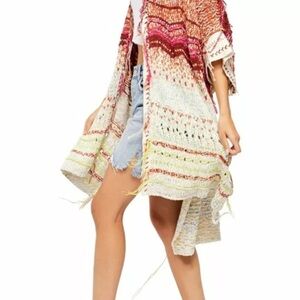 Free People Striped Crochet Open-Front Poncho in Cream, Pink, Orange, Green
